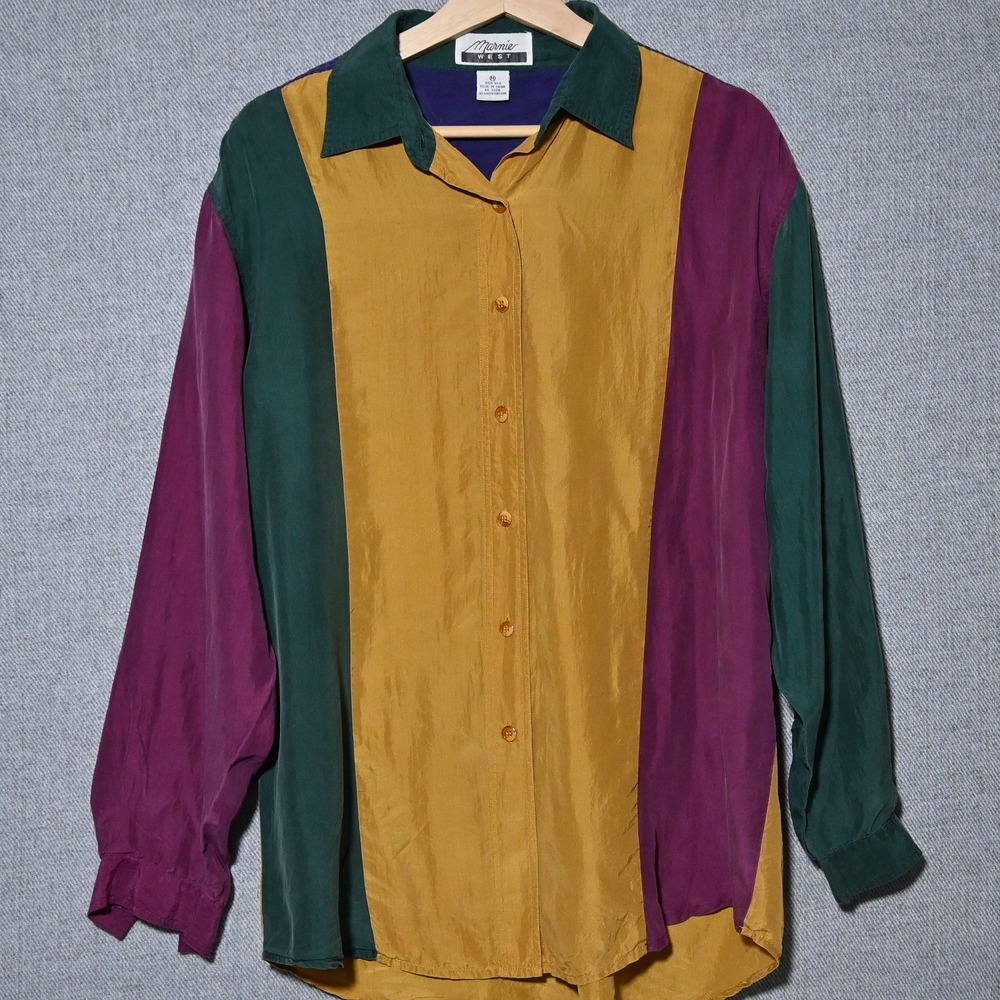 Marnie West Silk Button Down Womens Colorblock Vintage Medium Multicolor